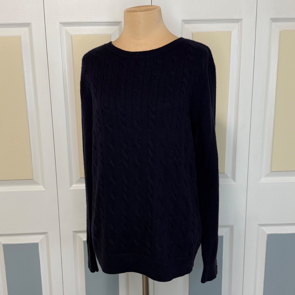 Talbots Navy Blue Cable Knit Lambswool Blend Sweater Button Cuff Womens